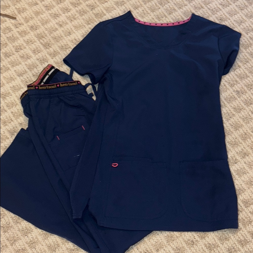 Women's extra small HeartSoul Dark Blue Scrub Set with Pink Accents